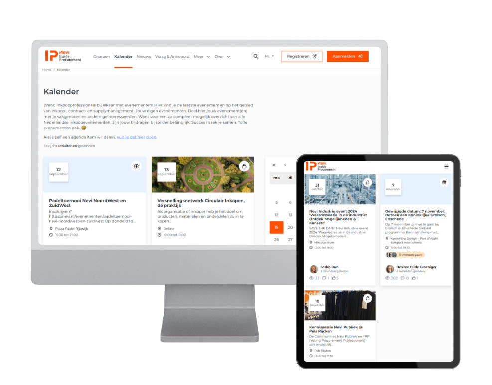 De afbeelding laat de site van Nevi Inside Procurement zien. Dit is het kennisnetwerk voor inkoop-, contract- en supplymanagement. Het is een mooi voorbeeld van een site waar evenementen zijn geïntegreerd. 
