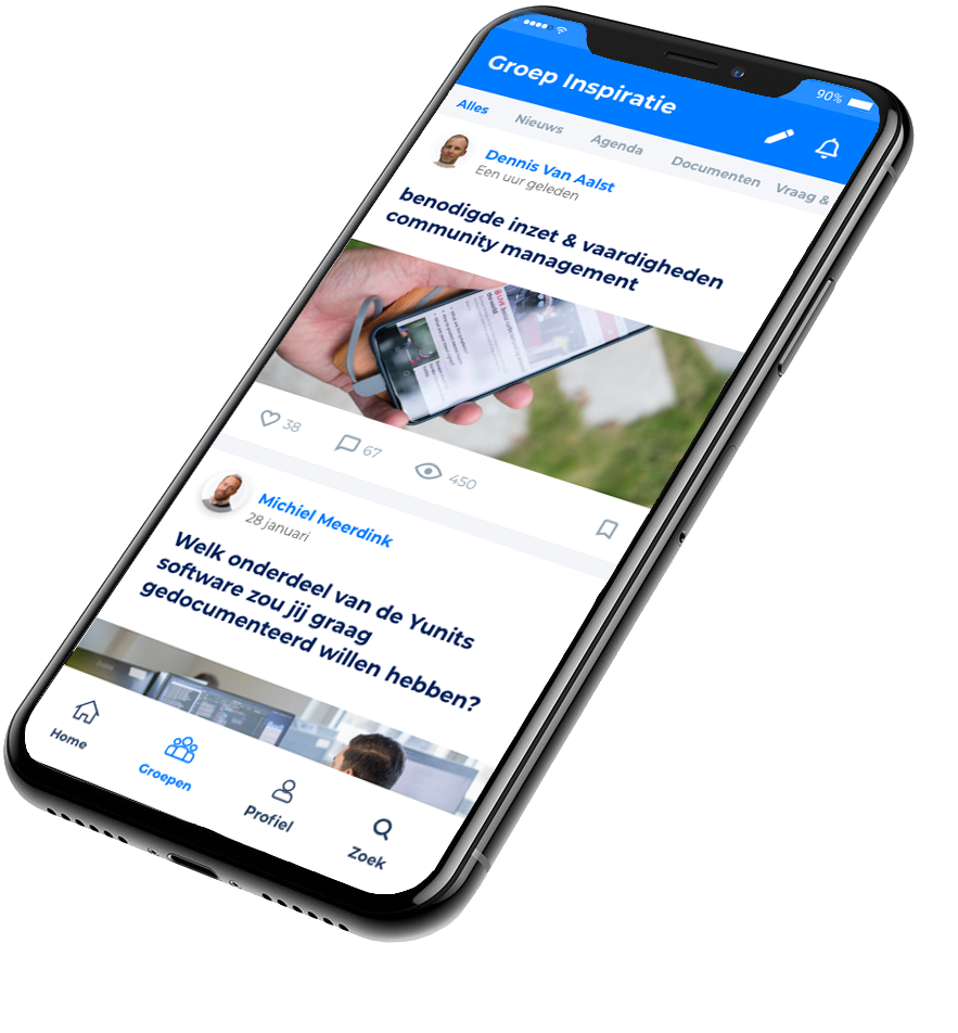 De afbeelding laat de mobiele app van Yunits zien. Met de Yunits mobiele app is de verbinding met jouw community nog makkelijker te leggen. De app zorgt voor een enorme vergroting van de deelnemersbetrokkenheid.