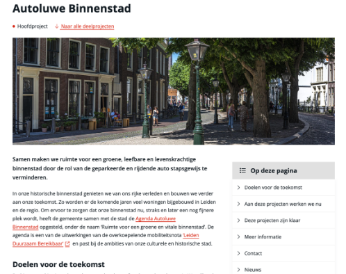 De afbeelding laat zien dat de gemeente Leiden gebruik maakt van een ankermenu naast de hoofdtekst. 