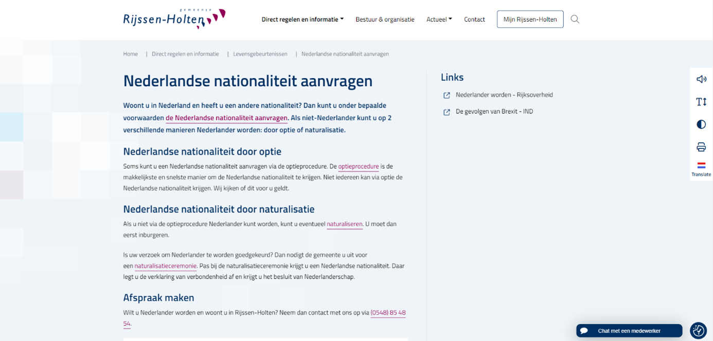 De afbeelding laat zien dat Gemeente Rijssen-Holten korte alinea's op de direct regelen-pagina's gebruikt.