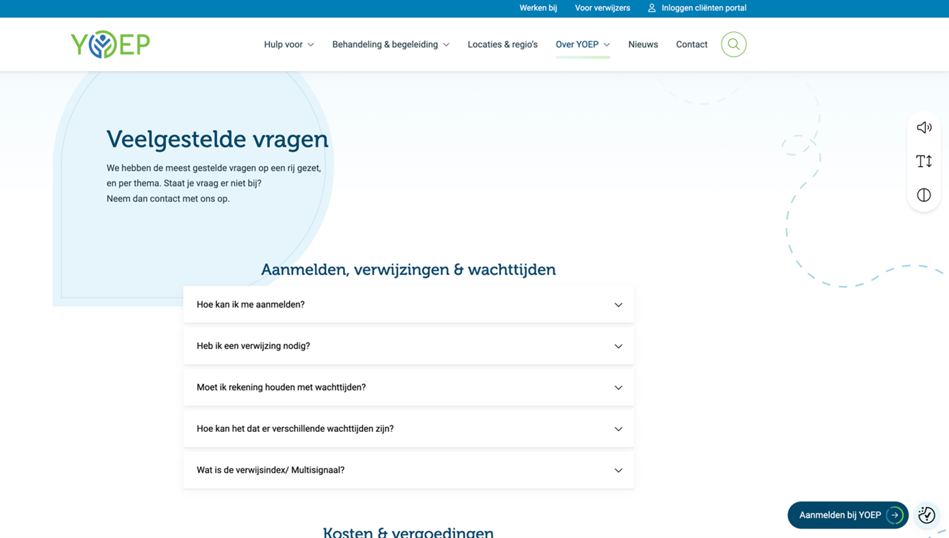De afbeelding laat zien dat Yoep gebruikmaakt van een uitklapmenu voor veelgestelde vragen. Zo blijft de pagina overzichtelijk. 