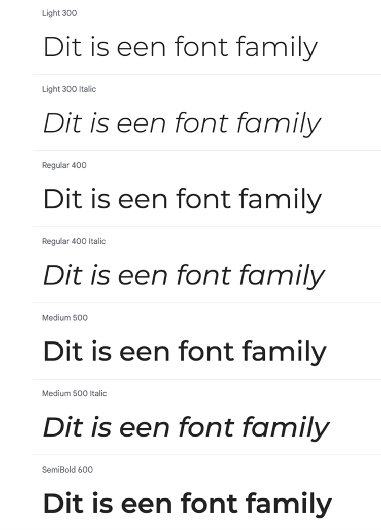 De afbeelding laat een voorbeeld van een font family van één lettertype zien.