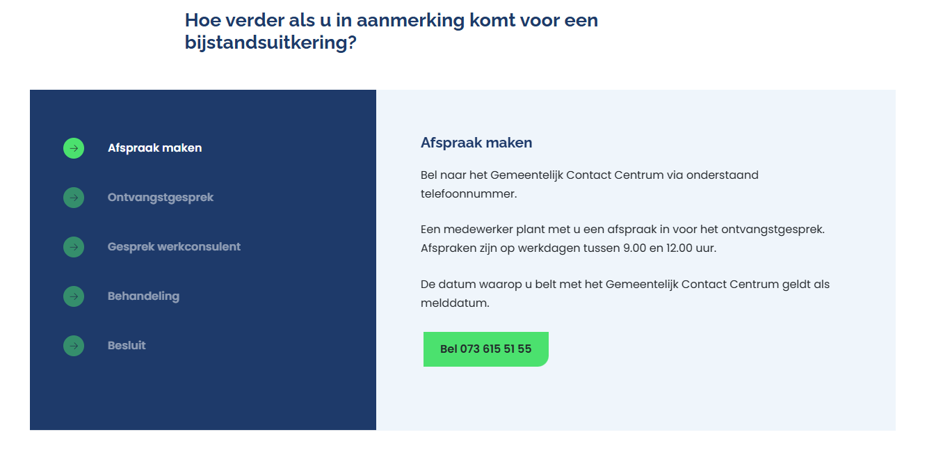 De afbeelding laat zien dat Weener XL de verschillende stappen in het aanvraagproces van een bijstandsuitkering toeligt via tabbladen.