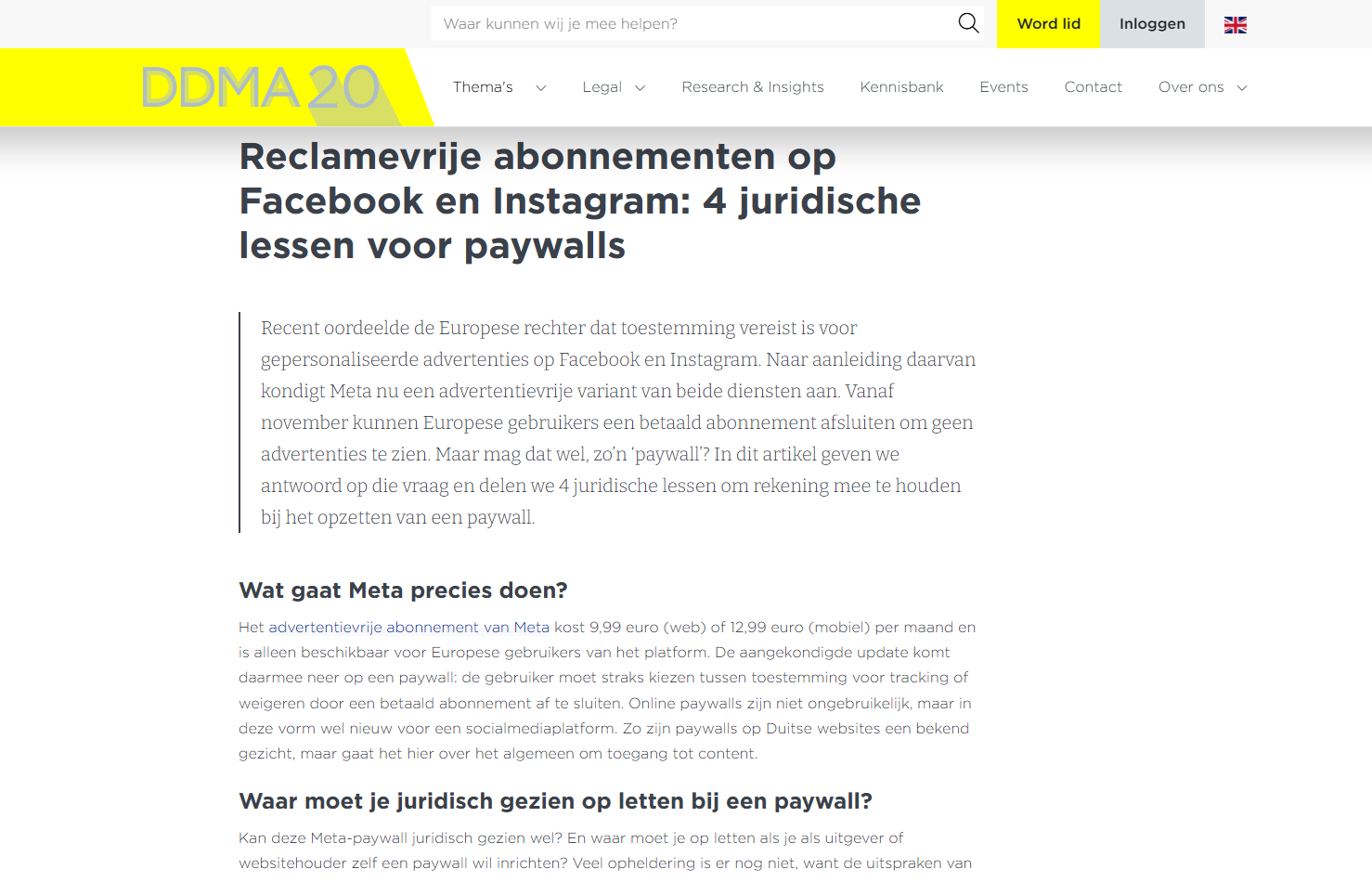 De afbeelding laat zien dat de website van DDMA veel witruimte heeft links en rechts van de tekst en tussen de tekstblokken. Boven de koppen is meer witruimte dan daaronder, zodat je snel ziet wat bij elkaar hoort.