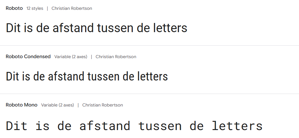 Op de afbeelding is te zien dat een grotere of kleinere afstand tussen de letters de tekst breder of juist smaller maakt. 